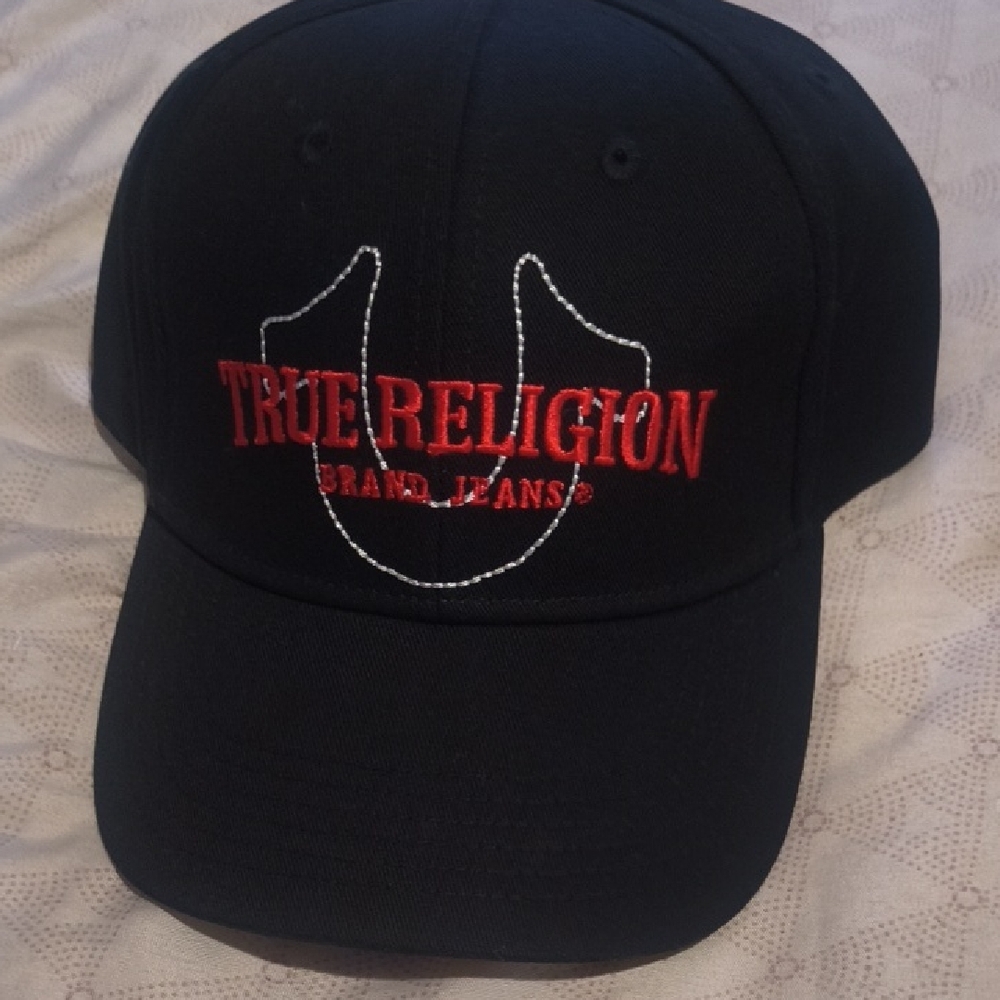 True Religion Black Hat with Red Embroidery
